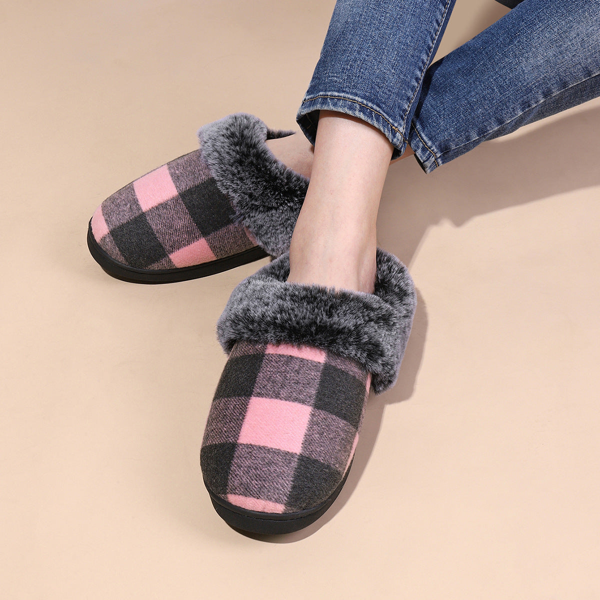 Winter Warm Plaid Plush Slippers Home Indoor Non-slip Bedroom Floor Soft Fuzzy Slipper For Couple Fashion Solid House Shoes - Bakkermode.nl