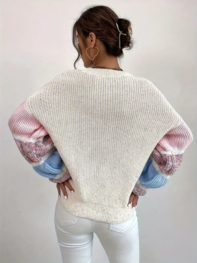 Dames gebreid sweater - kleurrijke gelaagde longsleeve pullover in abrikoos - Bakkermode.nl