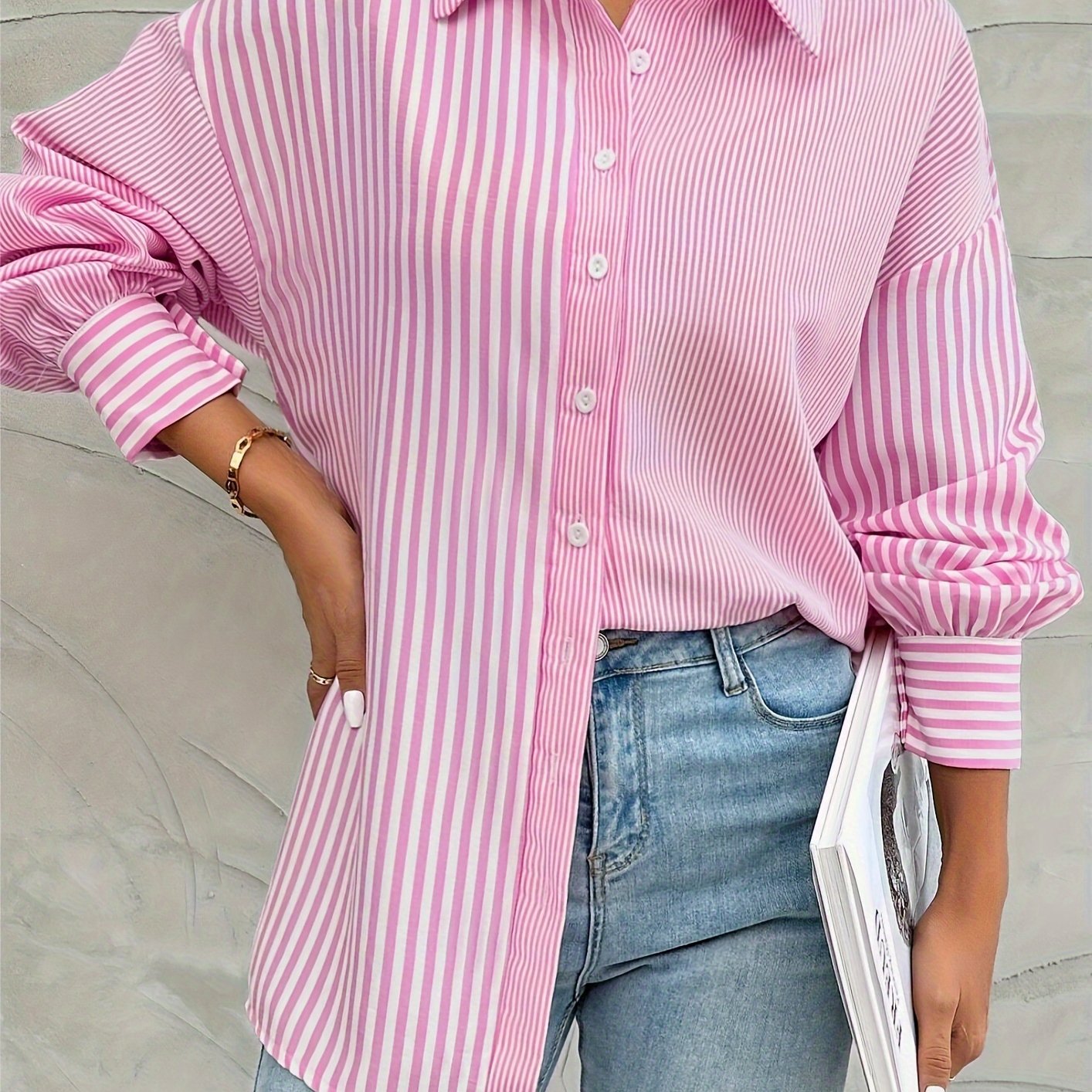 Roze gestreepte blouse - modieuze dames button-up top