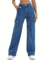 Dames cargo broek hoge taille denim jeans in blauw - casual wijde pijpen voor elke dag