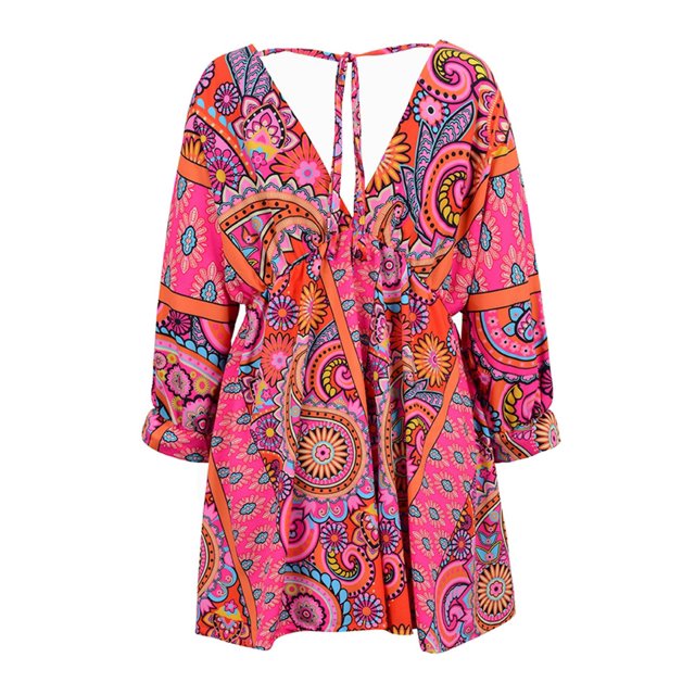 Boho jurk met levendige print en wijde mouwen - Bakkermode.nl