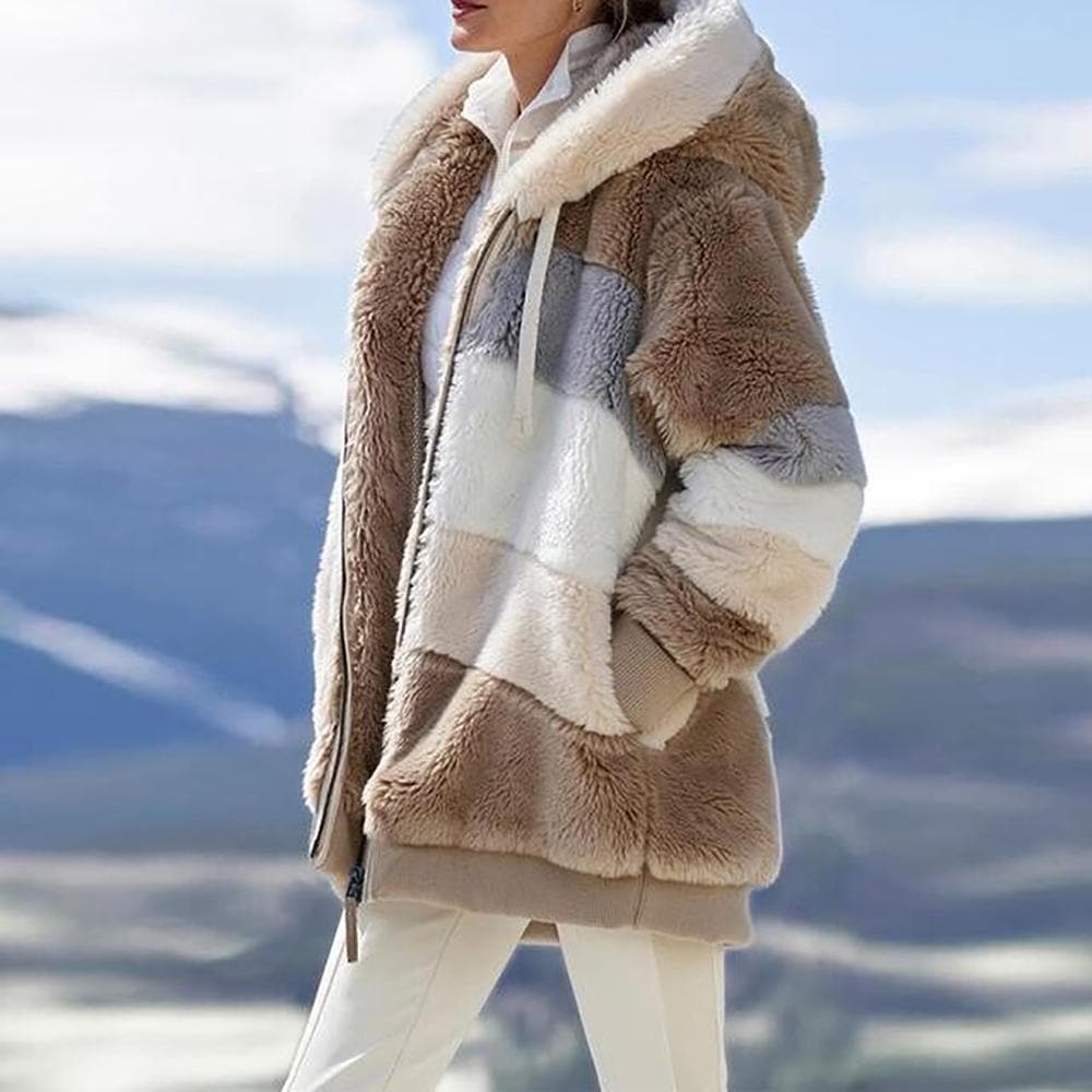 Oversized sherpa jas voor dames – gestreepte winterjas met ritssluiting - Bakkermode.nl