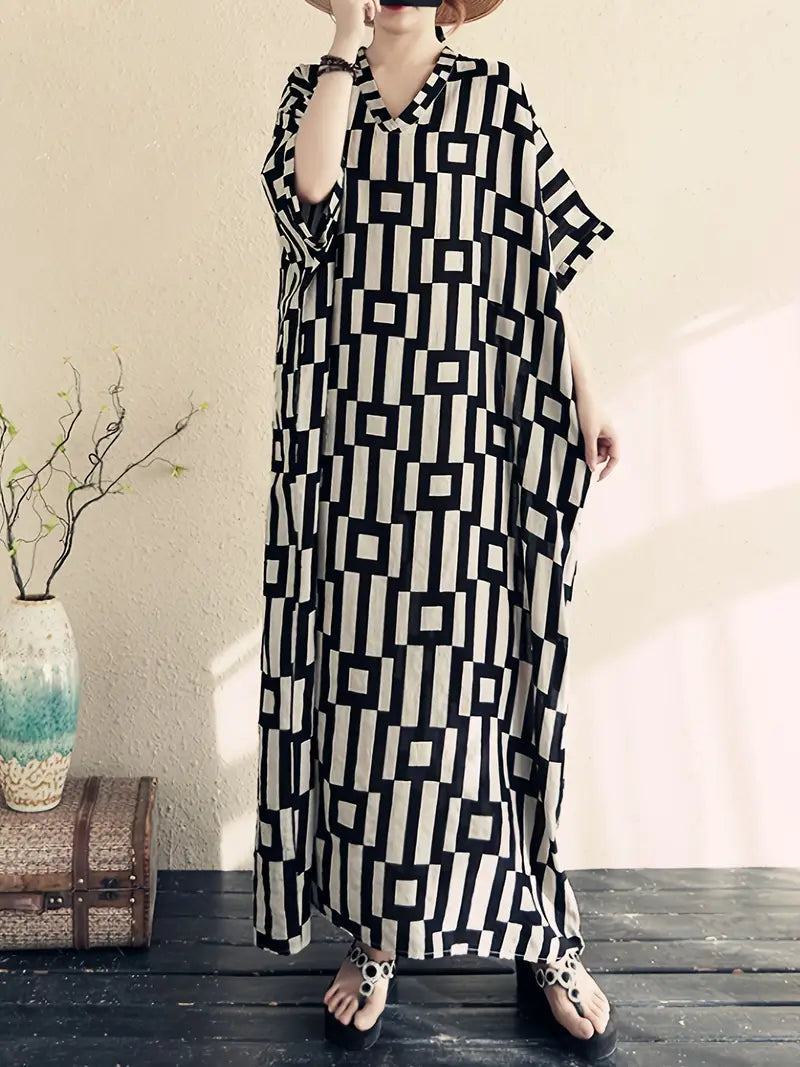 Maxi-jurk - moderne zwart-witte patroon jurk voor dames