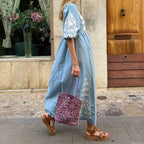 Lichtblauwe maxi-jurk - prachtige bloemenbroderie zomerjurk voor dames