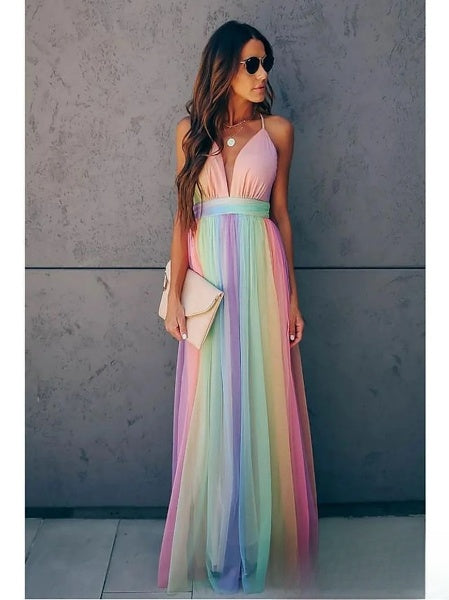 Lang multicolored maxi jurk - elegante dames avondjurk