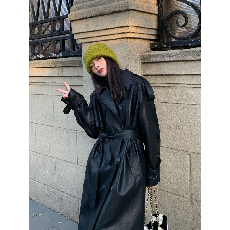 Leren trenchcoat - stijlvolle lange zwarte damesjas