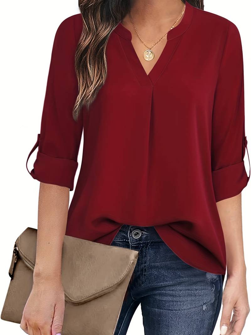 Vrouwen v-hals blouse met opgerolde mouwen - stijlvolle top voor casual en zakelijke gelegenheden