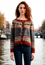 Grijs-rode Noorse cardigan - warme Scandinavische dames vest