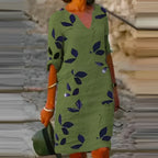Dames elegante jurk met bladerenprint en v-hals - luchtige linnen stijl voor warme dagen