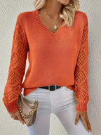 Dames gebreide trui met elegante v-hals - lichtgewicht pullover met kanten mouwen voor casual wear