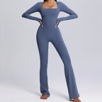 Nieuwe vierkante hals jumpsuit met lange mouwen - yoga fitness sport broek met wijde pijpen ademend dames bodysuit - Bakkermode.nl