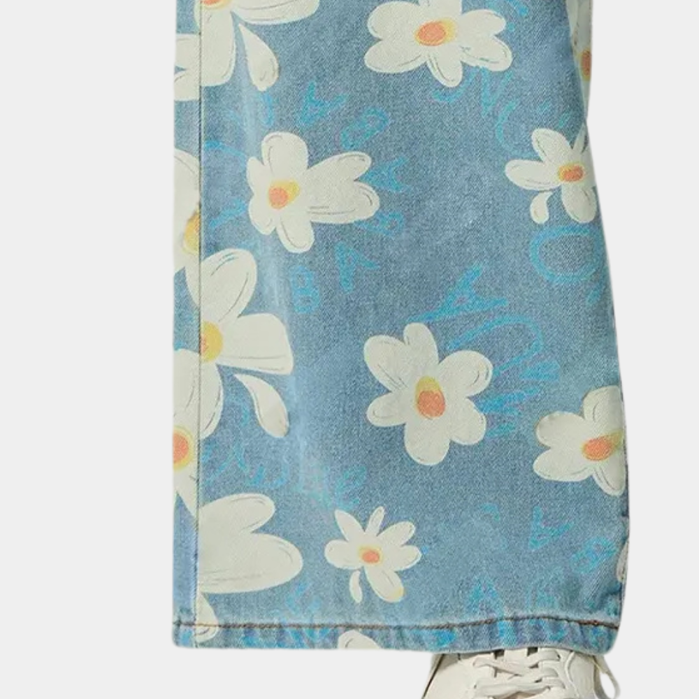Blauwe denim damesbroek - wijde bloemenjeans