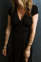 Maxi-jurk - geplooide v-hals korte mouwen damesjurk