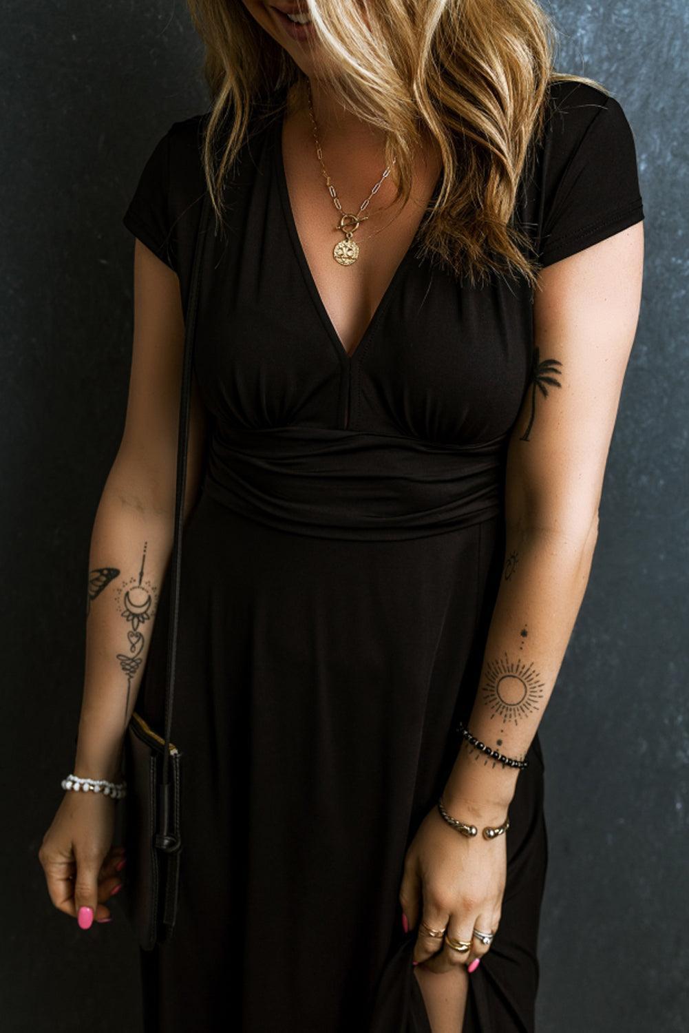 Maxi-jurk - geplooide v-hals korte mouwen damesjurk