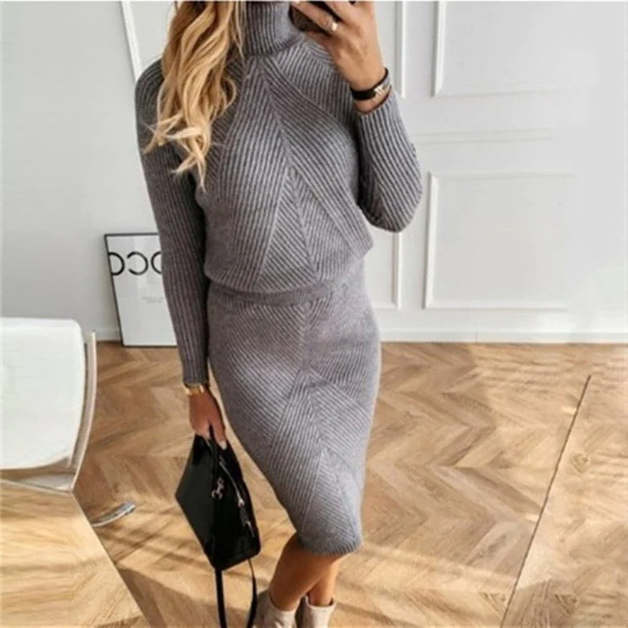 2-delig gebreid co-ords set - stijlvolle dames turtleneck top en midi rok - Bakkermode.nl
