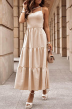 Maxi jurk - gelaagde beige dames avondjurk