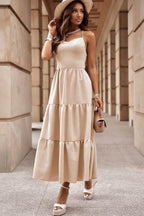 Maxi jurk - gelaagde beige dames avondjurk