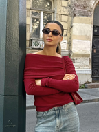 Dames off-shoulder ribbed top - chique rode casual wear met elegante lange mouwen