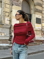 Dames off-shoulder ribbed top - chique rode casual wear met elegante lange mouwen