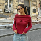 Dames off-shoulder ribbed top - chique rode casual wear met elegante lange mouwen