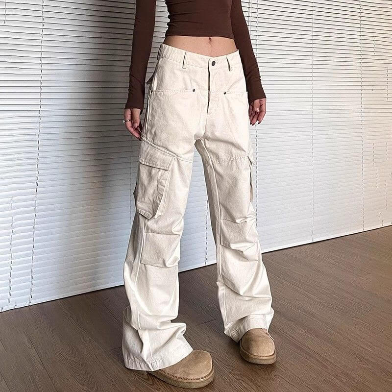 Dames cargo pants met wijde pijpen in lichtbeige - casual dagelijks gebruik met ruime zakken