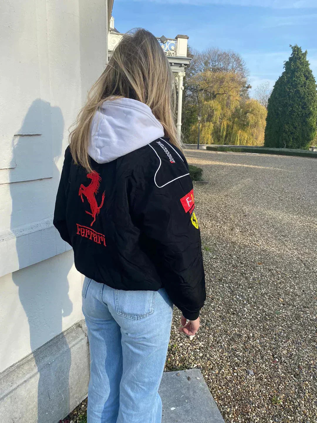 Vrouwen regenjas vintage racerjack met ferrari patches - trendy casual buitenjack voor dagelijks gebruik