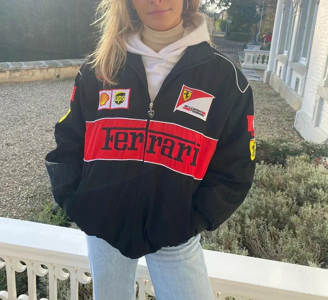 Vrouwen regenjas vintage racerjack met ferrari patches - trendy casual buitenjack voor dagelijks gebruik