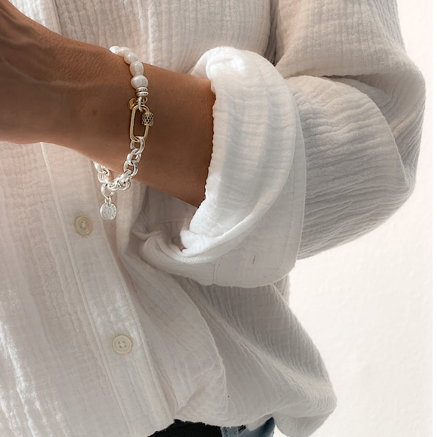 Armband - elegante zilveren en gouden schakelarmband voor dames