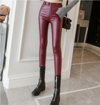 Leren high-waisted skinny broeken - chique burgondische damespants