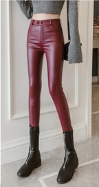 Leren high-waisted skinny broeken - chique burgondische damespants