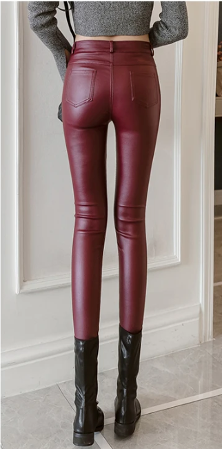 Leren high-waisted skinny broeken - chique burgondische damespants