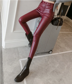 Leren high-waisted skinny broeken - chique burgondische damespants