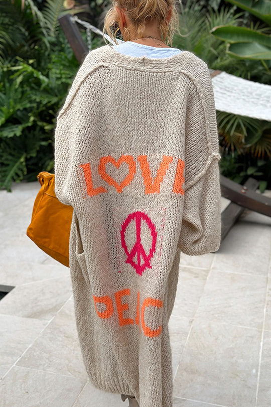 Gebreide dames cardigan - oversized lang vest met 'love & peace'-design - Bakkermode.nl