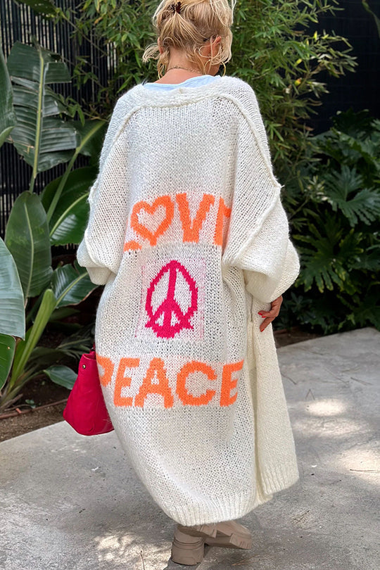 Gebreide dames cardigan - oversized lang vest met 'love & peace'-design - Bakkermode.nl