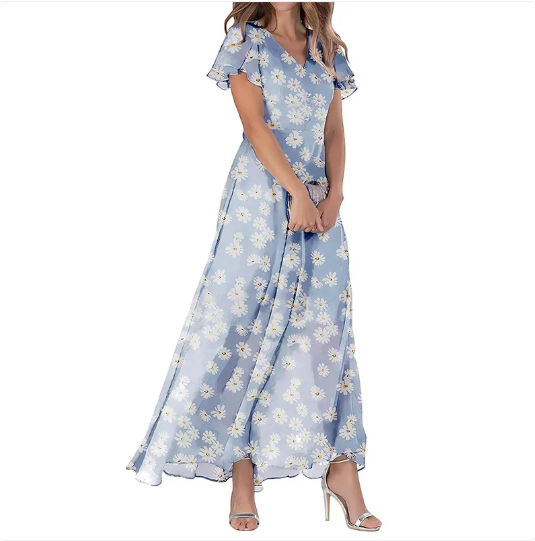 Dames maxi jurk met bloemenprint in blauw - elegante a-lijn zomerjurk voor casual gelegenheden
