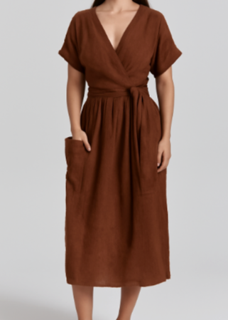 Linnen wikkeljurk met tailleceintuur - elegante midi jurk voor dames