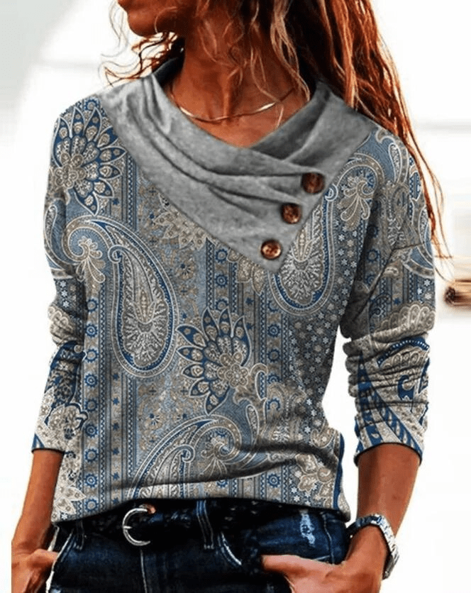 Ontspannende pullover met kraag - paisleyprint zachte top