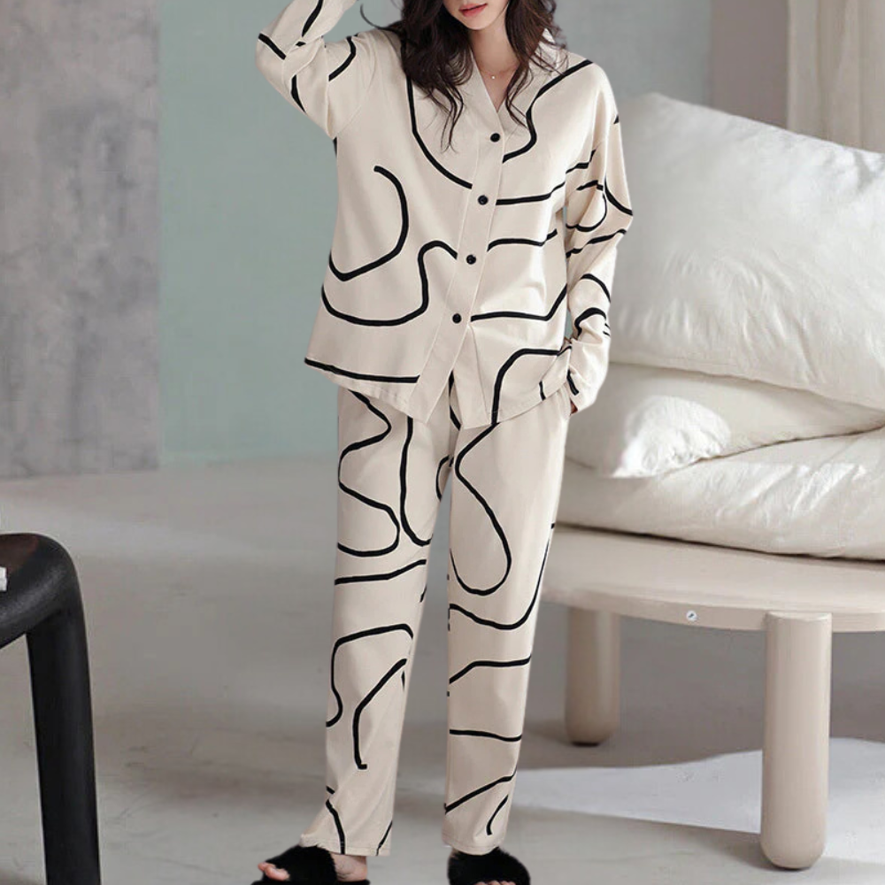 2-delige pyjama set - stijlvolle crème en zwarte abstracte dames slaapmode