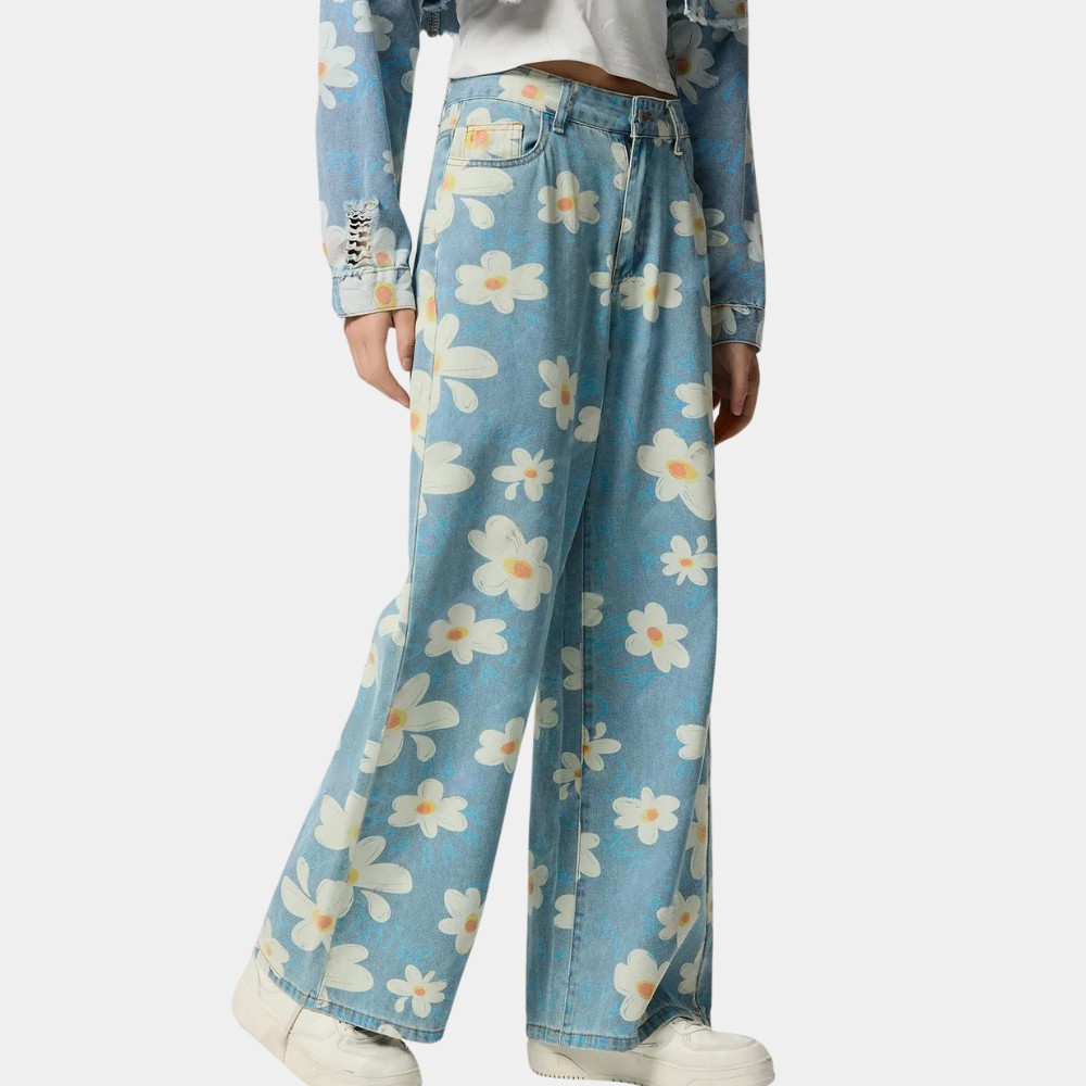 Blauwe denim damesbroek - wijde bloemenjeans