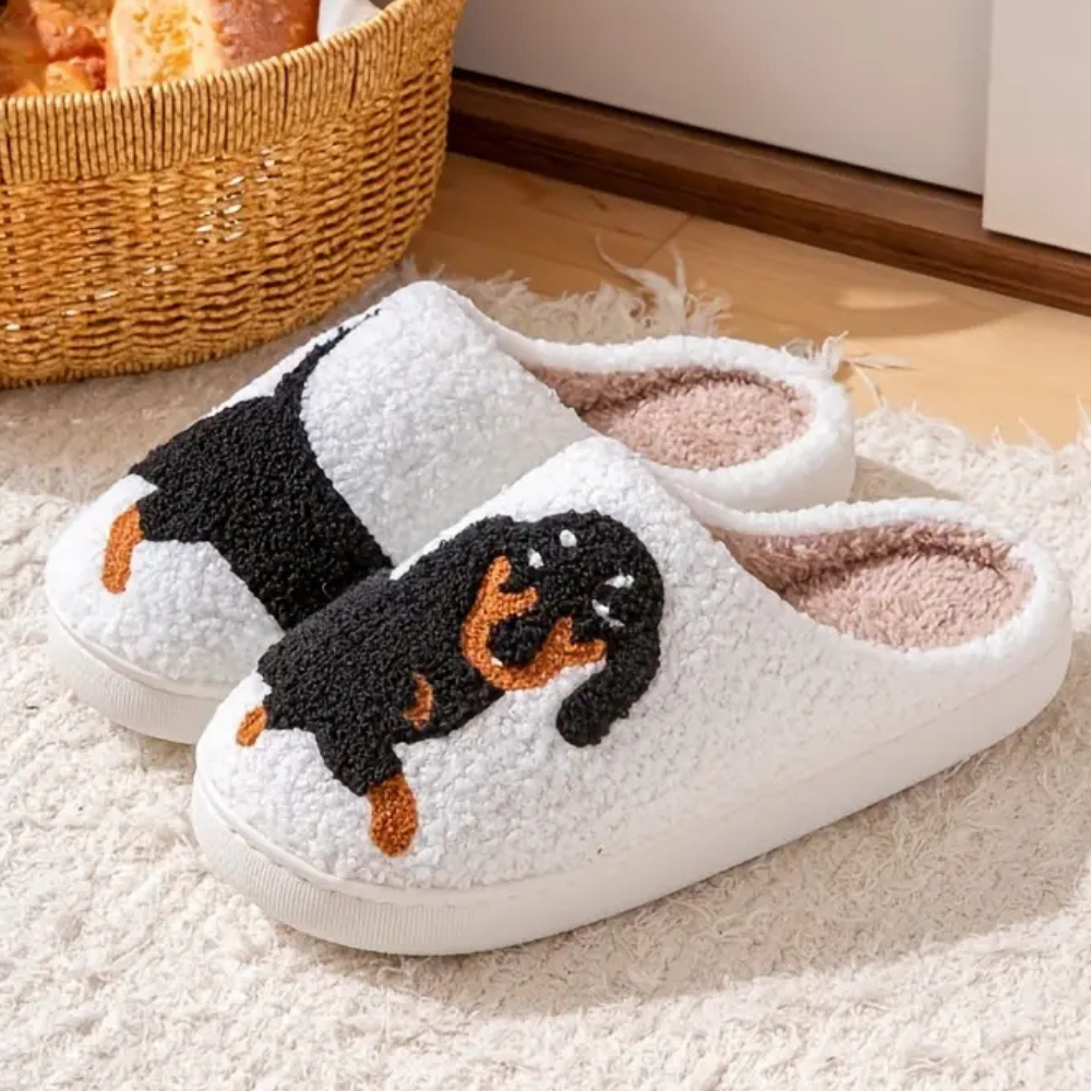 Dames fleece huisslippers met rottweiler ontwerp - zachte witte charme voor thuis