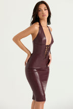 Vegan leren midi-jurk - diep bordeauxrode jurk die aansluit bij dames
