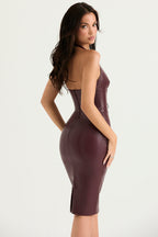 Vegan leren midi-jurk - diep bordeauxrode jurk die aansluit bij dames