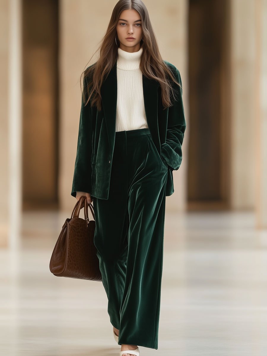 Velours broek - donkergroene wijde damesbroek