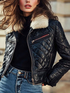 Retro gewatteerde leren dames jas - zwart met contrasterende details en bontkraag - Bakkermode.nl