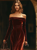 Verfijnde velours off-shoulder jurk - elegante avondkleding