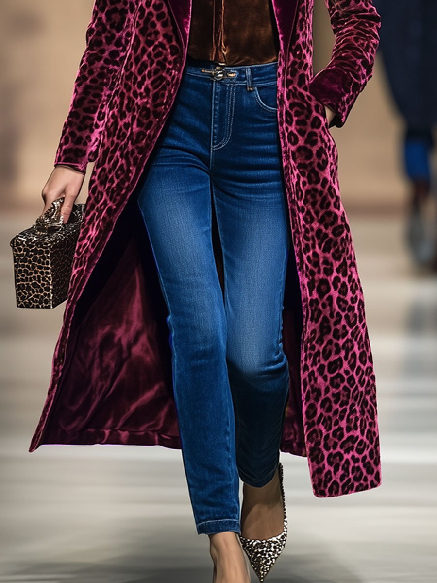 Velvet luipaardprint jas - trendy ankola rood dames lapejas