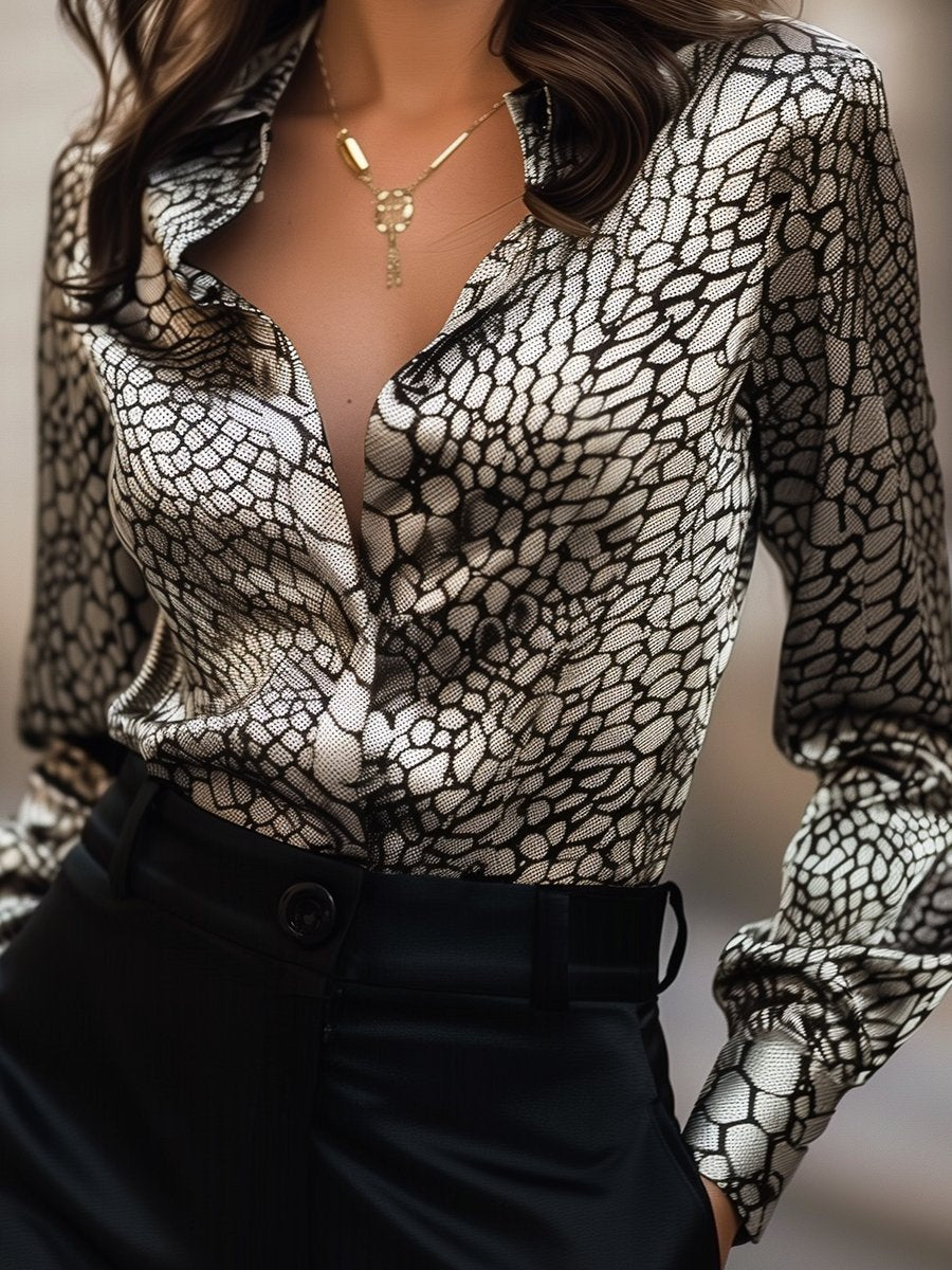 Damesgrijze klassieke blouse met slangenpatroon - elegante lange mouwen top voor vrouwen