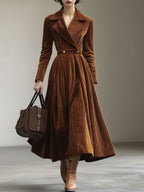 Maxi corduroy jurk - elegante karamel lange mouwen damesjurk