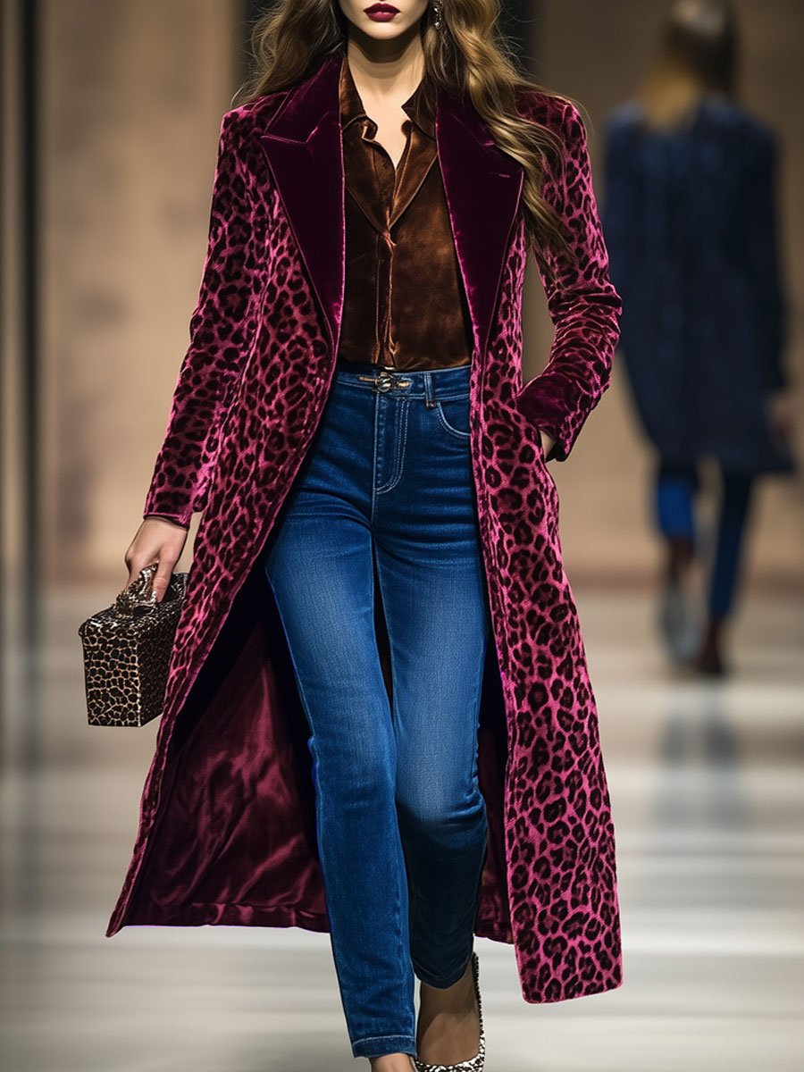 Velvet luipaardprint jas - trendy ankola rood dames lapejas