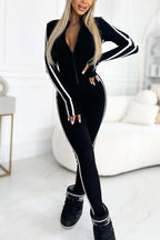 Sportieve dames jumpsuit - stretch jumpsuit met ritssluiting en contrasterende strepen - Bakkermode.nl